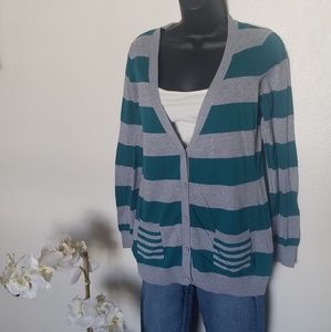 olive & oak gray and teal striped cardigan euc m